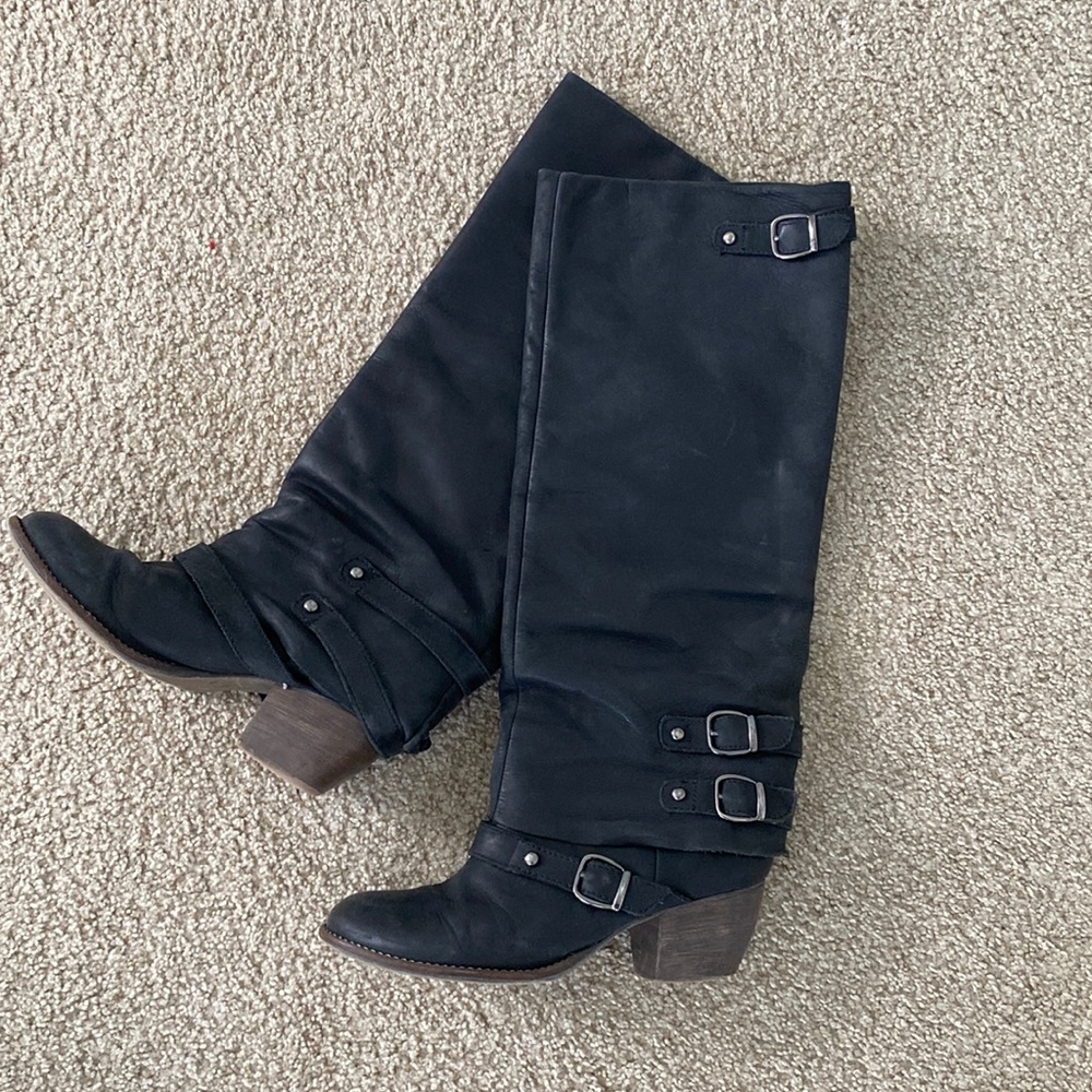 MIA Buckingham black leather knee high boots